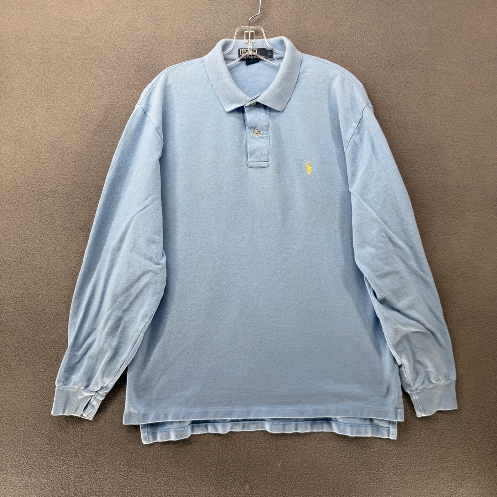 Polo Ralph Lauren Polo Shirt Mens Large Long Sleeve Pique Light Blue Yellow Pony